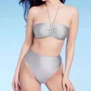 Shade & Shore NWT Silver purple metallic Bandeau halter Bikini swimsuit Set XS